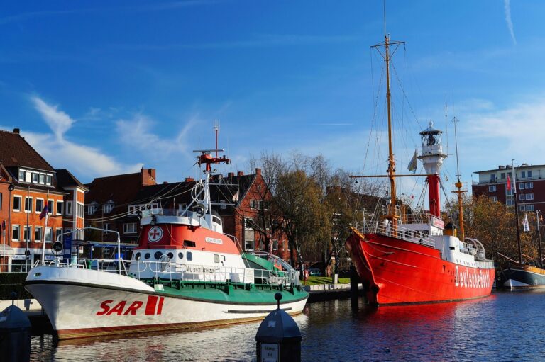 port, emden, city, lifeboat, fire ship, nature, idyllic, museum cruiser, water, reflection, north sea, distress
